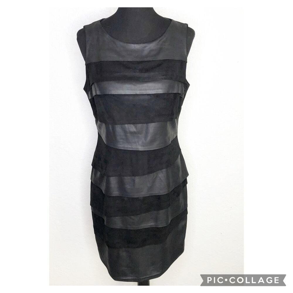 Cache black leather suede tiered layered sleeveless‎ sheath dress size Large